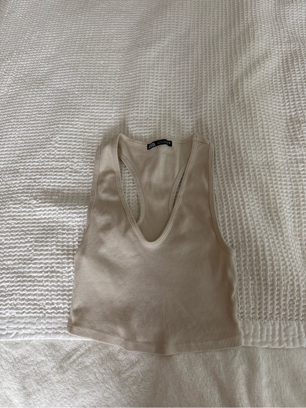Zara Neutral Ribbed Deep-V Tank Top